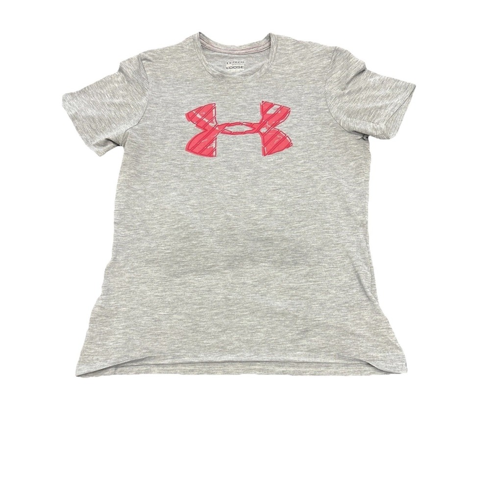 Under Armour Women's HeatGear Tech T-Shirt Gray Red‎ Logo Loose Fit Size Medium